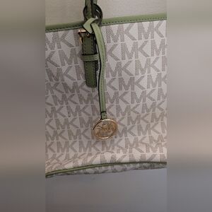 Michael Kors White and Green Tote with Distinctive Pattern and Gold Charm